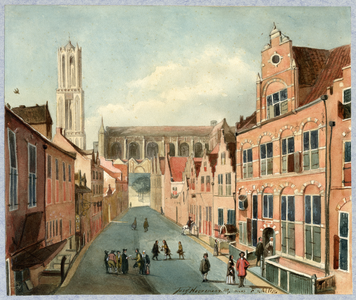 35450 Gezicht in de Korte Nieuwstraat te Utrecht uit het zuiden met op de achtergrond de Domtoren en het schip van de ...